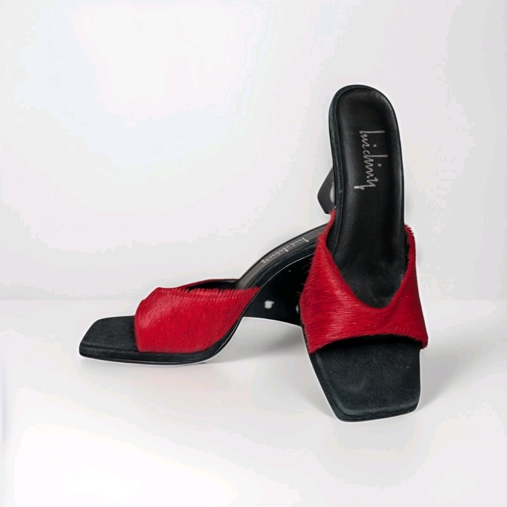 Y2K LUICHINY Red Calf Hair Block Heel Slides Sz EU 38 US 7.5/8 Made In Brazil